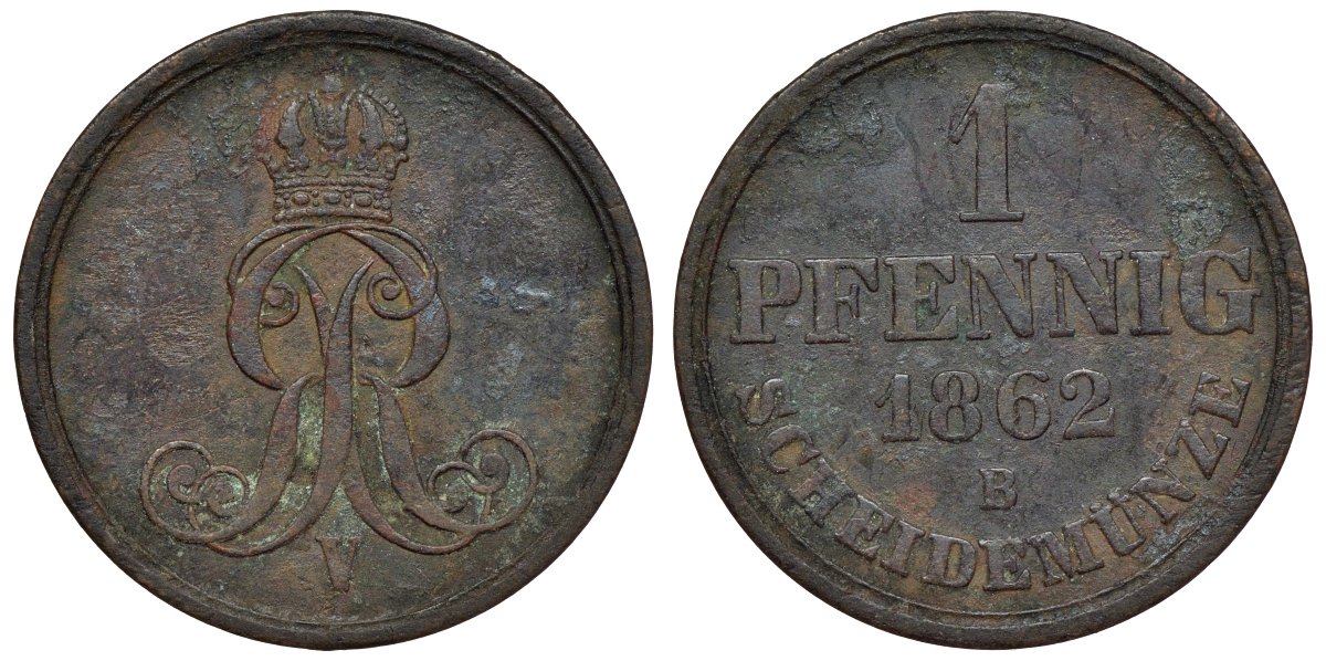Ганновер 1 пфенниг 1862 B, Георг V KM 233, AKS 156, J. 90 медь 4594-554