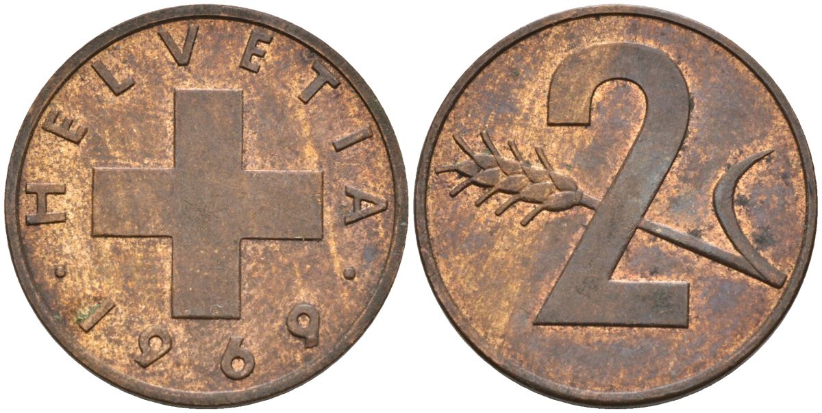 Швейцария 2 раппена 1969 KM 47 бронза 4561-1234
