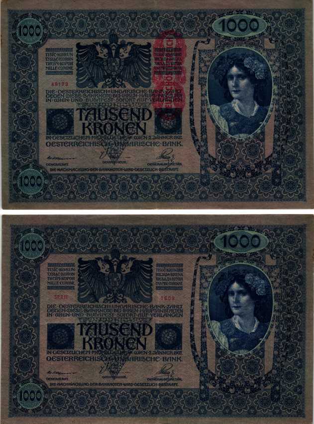 АВСТРИЯ 1000 КРОН 1919 КРАСНАЯ ВЕРТИКАЛЬНАЯ НАДПЕЧАТКА НА 1902 Pick 59 бумага 6279-17-2
