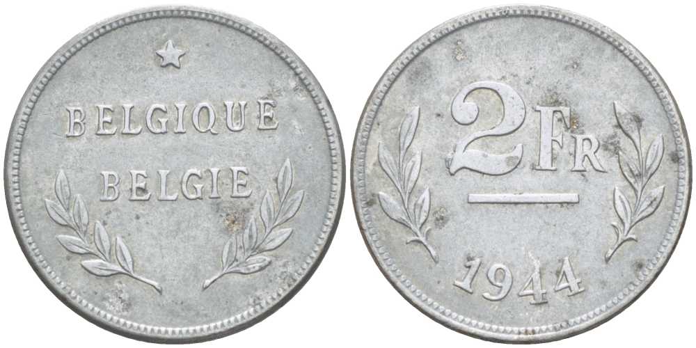 БЕЛЬГИЯ 2 ФРАНКА 1944 BELGIQUE-BELGIE KM 133 сталь покрытая цинком 206-234