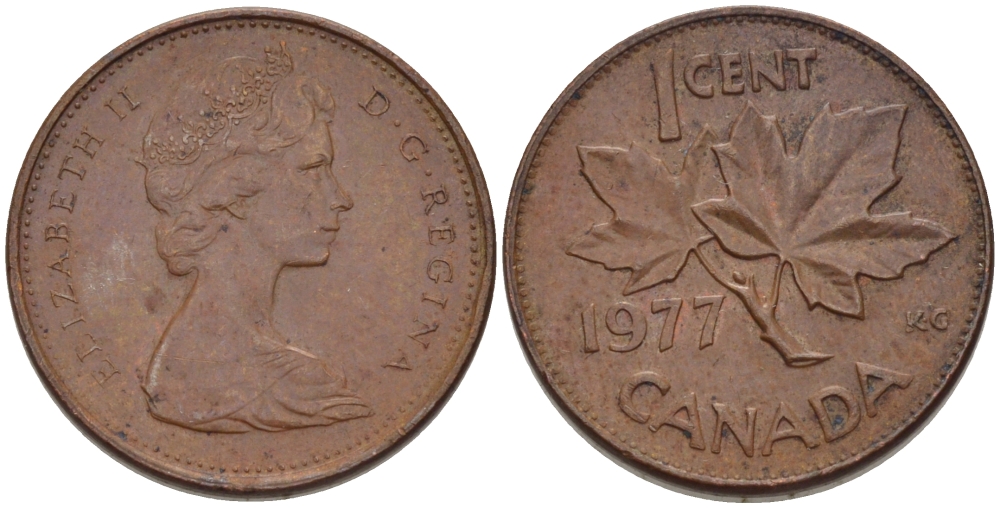 Канада 1 цент 1977 Елизавета II (1952-2022), кленовый лист KM 59.1 бронза 4608-427