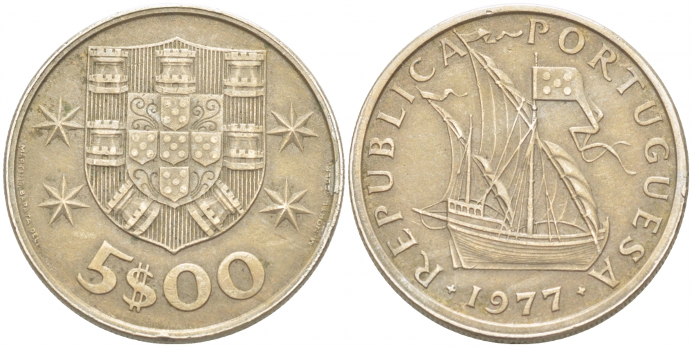 ПОРТУГАЛИЯ 5 ЭСКУДО 1977 ПАРУСНИК KM 591 медно-никель 77-412