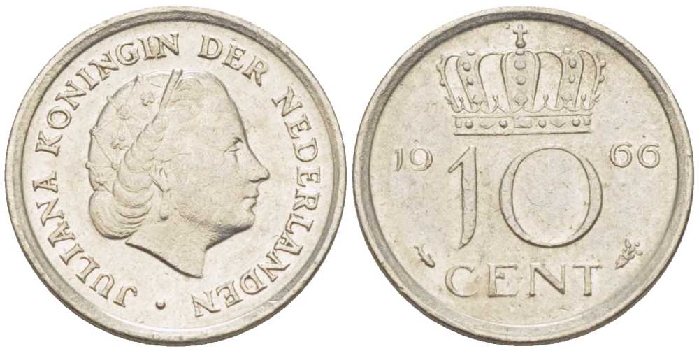 НИДЕРЛАНДЫ 10 ЦЕНТОВ 1966 ЮЛИАНА (1948-1980) KM 182 никель 214-1222