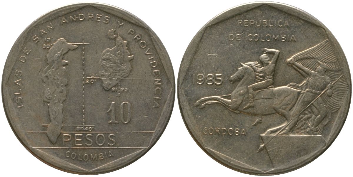 Колумбия 10 песо 1985 KM 270 никель латунь 4565-336