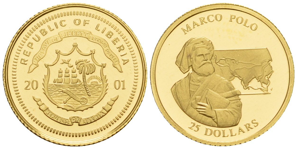 Либерия 25 долларов 2001 Марко Поло  золото  PROOF  00-812-32