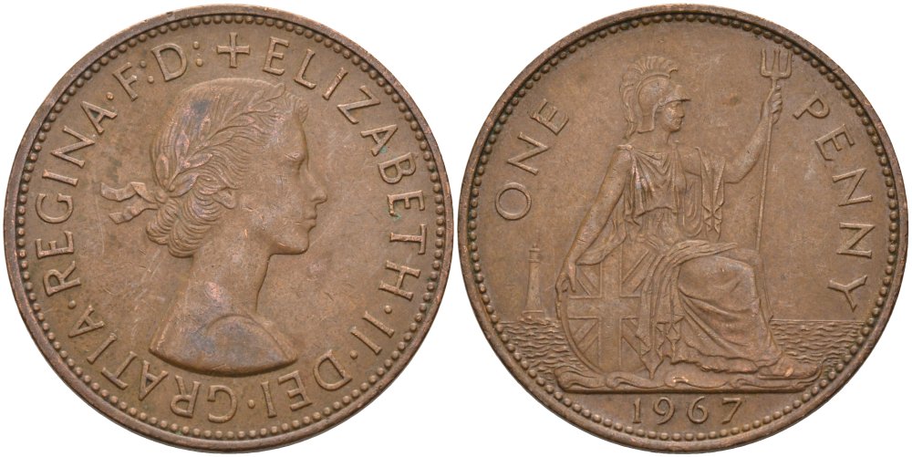 Великобритания 1 пенни 1967 Елизавета II (1952-2022) KM 897, Spink 4157 бронза 4574-331