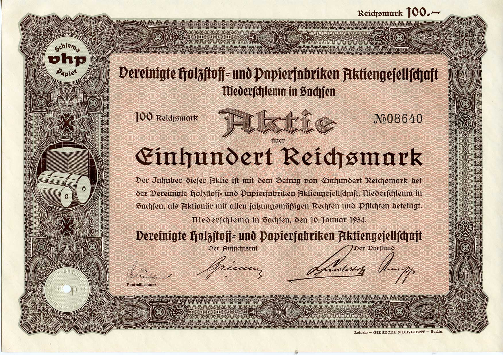 Германия 100 рейхсмарок 1934 АО Объединенные деревообрабатывающие и бумажные фабрики, Нидершлем в Саксонии, акция   бумага   8803-13-1