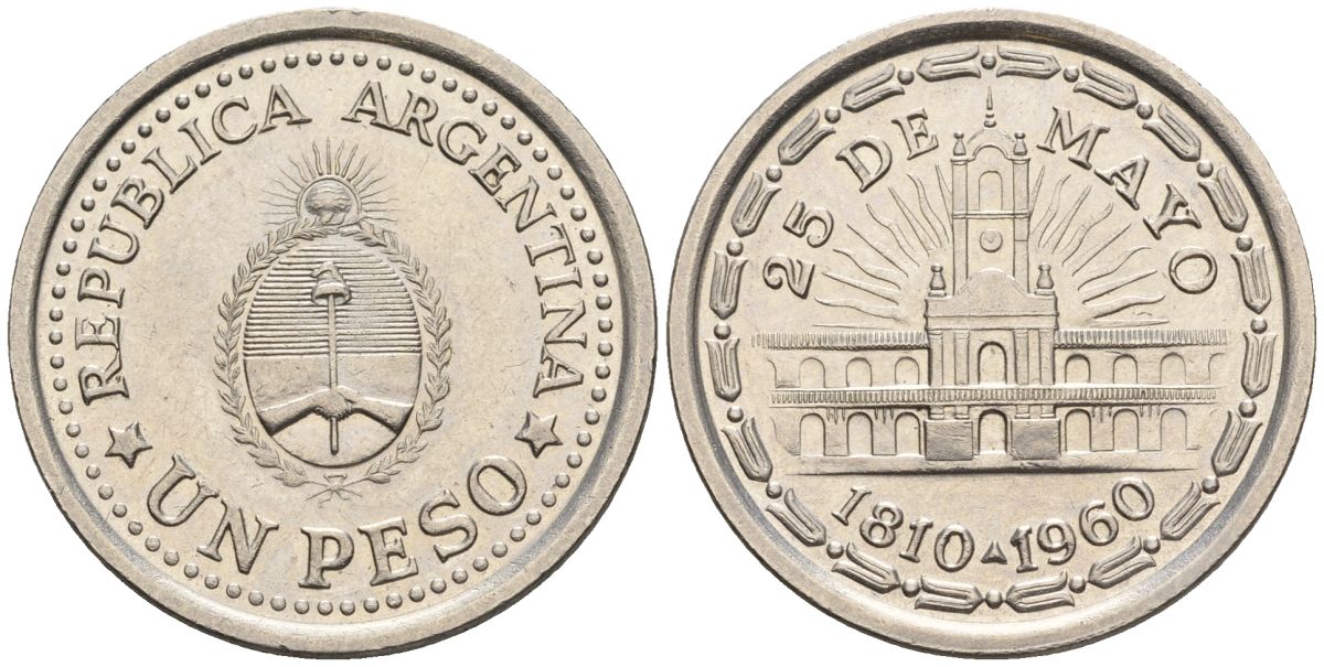 Аргентина 1 песо 1960 150 лет свержения Испанского вице-короля (1810-1960) KM 58, Schon 58, CJ 274 сталь плакированная никелем    60-1022