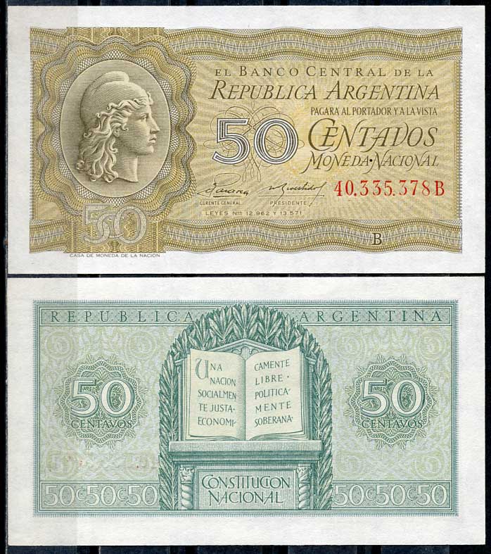 Аргентина 50 сентаво ND (1952) серия B 40335, свобода, конституция Pick 261 (2)  бумага  UNC (пресс) 447-34-3-1
