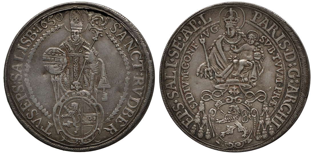 Австрия, Зальцбург 1 талер 1650 Святой Руперт, Парис фон Лодрон (1619-1653), шраубталер (раскручивается) KM 87, Dav. 3504 серебро 00-819-55