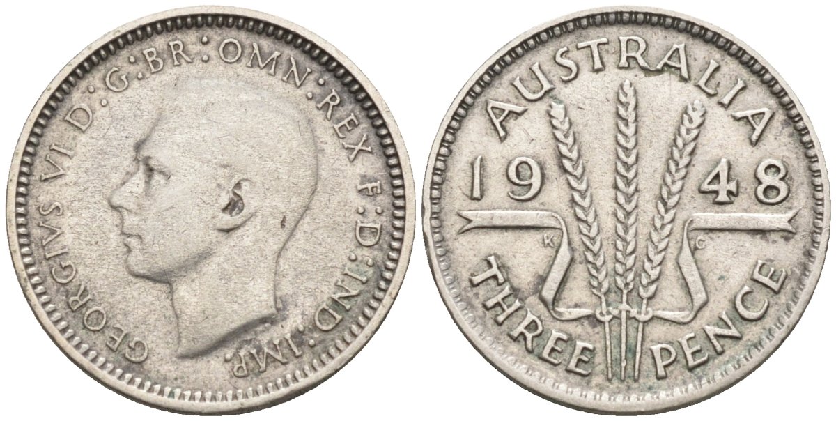 Австралия 3 пенса 1948 KG, Георг VI (1937-1952) KM 37a серебро 4585-257
