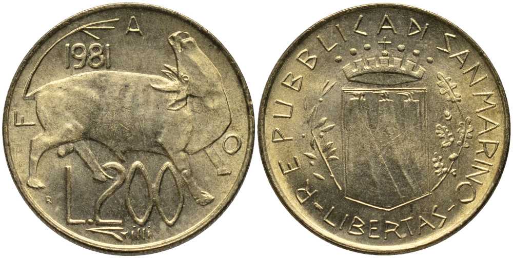 Сан-Марино 200 лир 1981 FAO, бык KM 123 алюминиевая бронза UNC 113-554