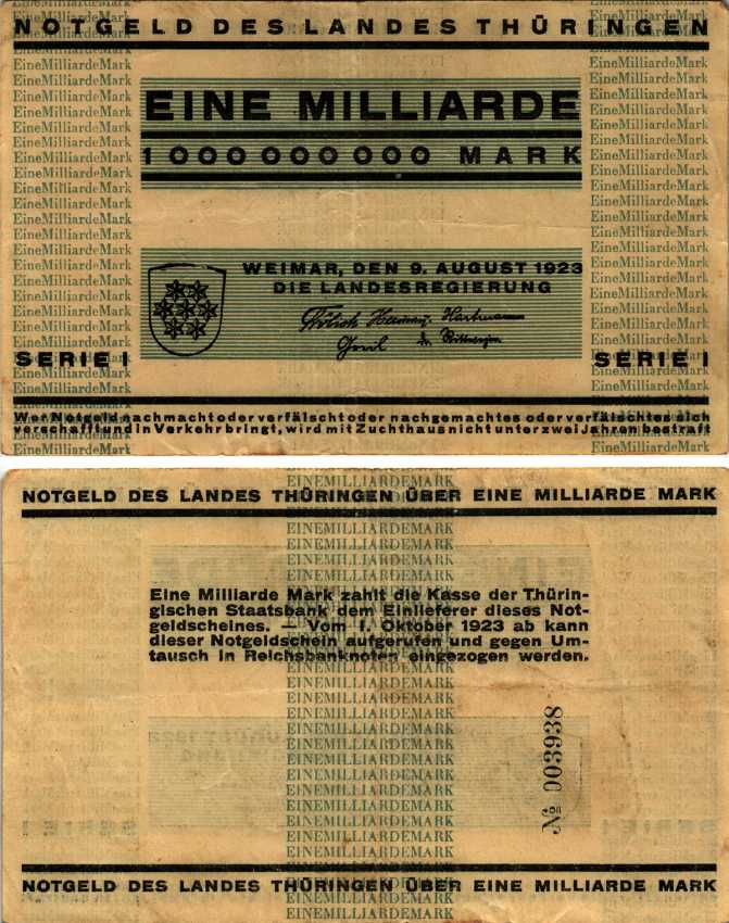 Германия, Тюрингия 1000000000 марок 1923 9 августа 1923, нотгельд, серия I, светло голубая Keller 54  бумага   444-89-2-1