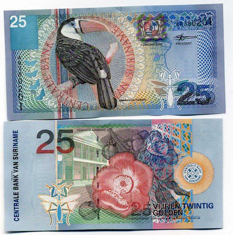 Суринам 25 гульденов 2000 белогрудый тукан, курупита гвианская Pick 148 бумага UNC (пресс) 000-00-00