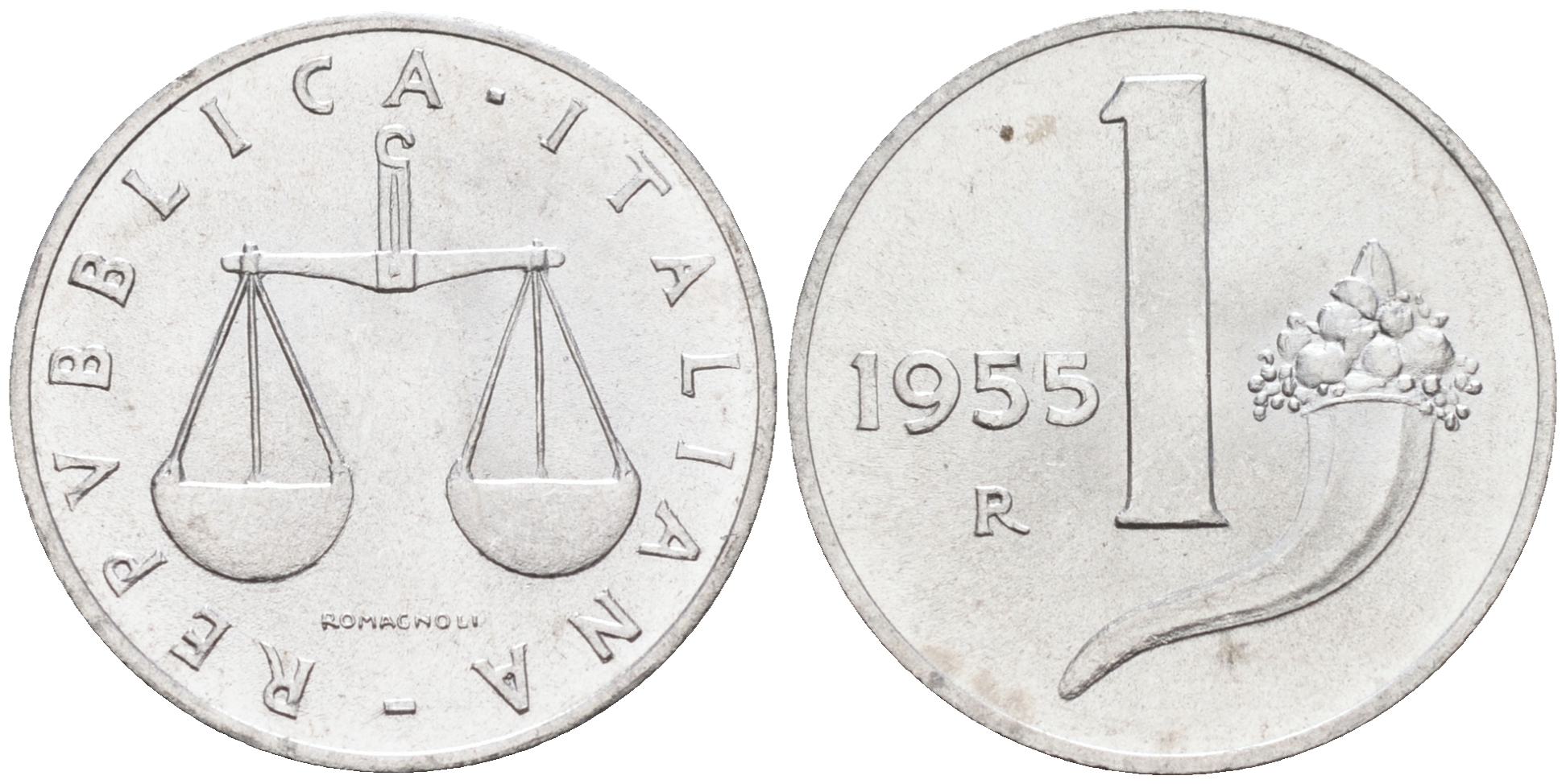 Италия 1 лира 1955 R, весы KM 91 алюминий  UNC  4594-711