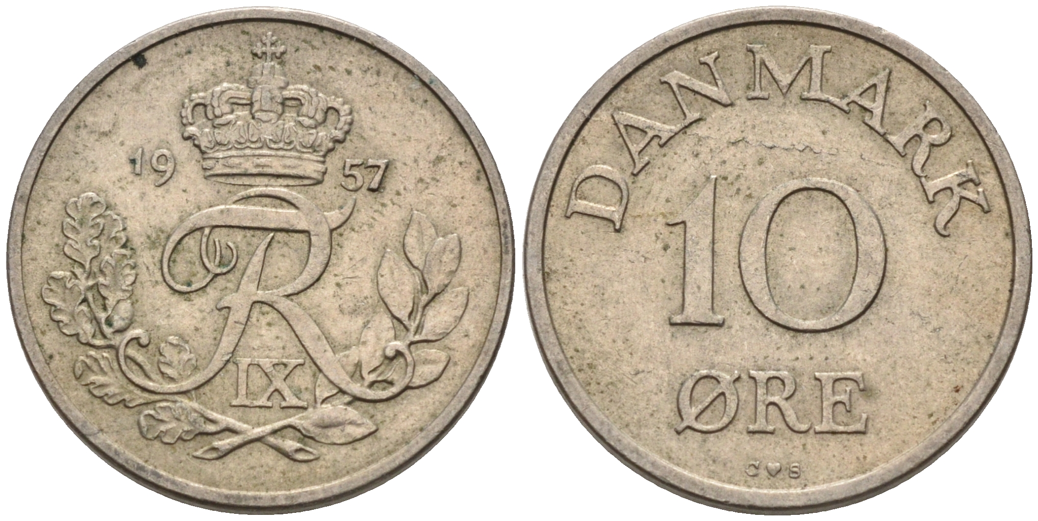 ДАНИЯ 10 ЭРЕ 1957 C; S, ФРЕДЕРИК IX (1947-1972) КМ 841.2 медно-никель 4564-1217