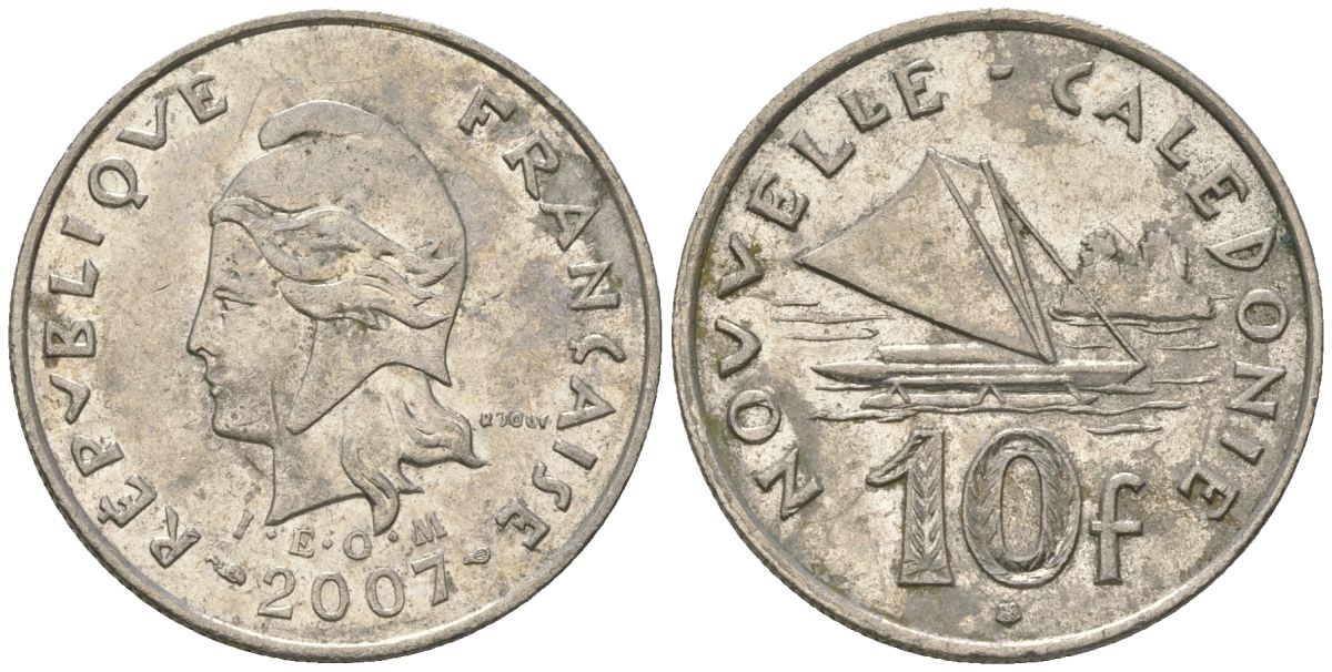 Французская Новая Каледония 10 франков 2007 рыбачья парусная лодка, (IEOM) KM 11a, Schoen 13a, Lec 99k медно-никель 57-237