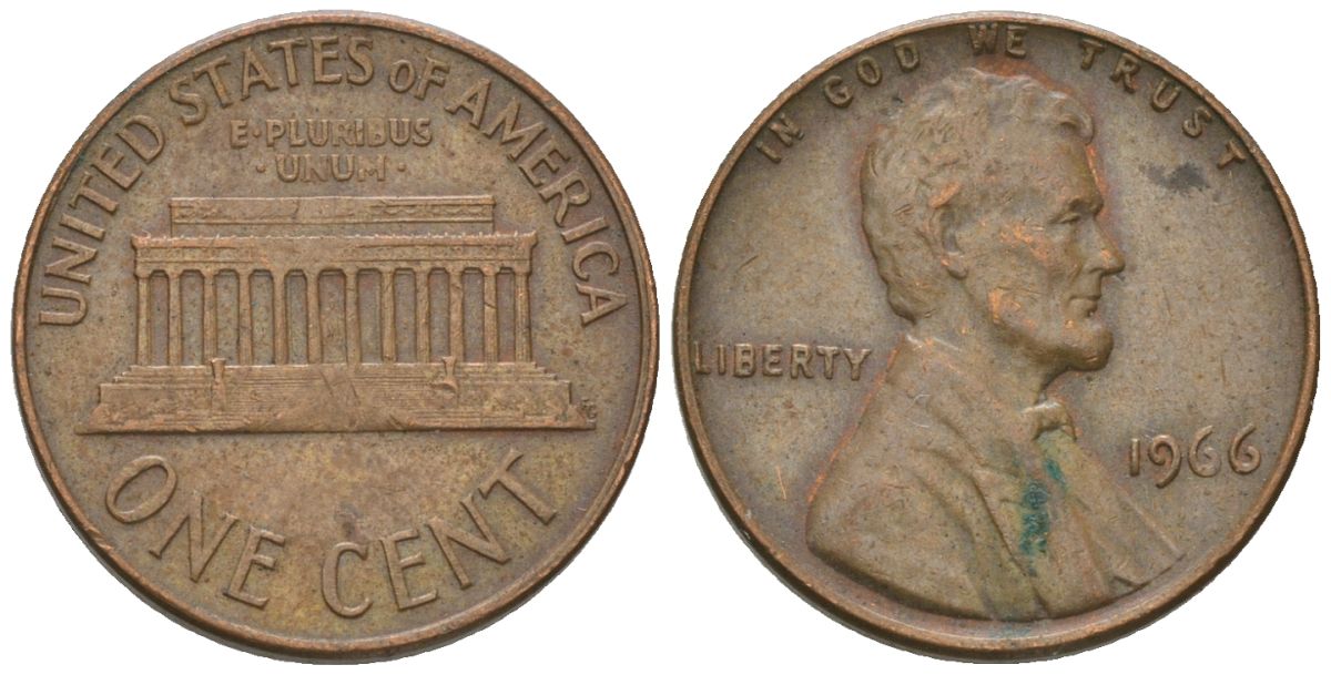 США 1 цент 1966 Линкольн KM 201 медь цинк 4567-947