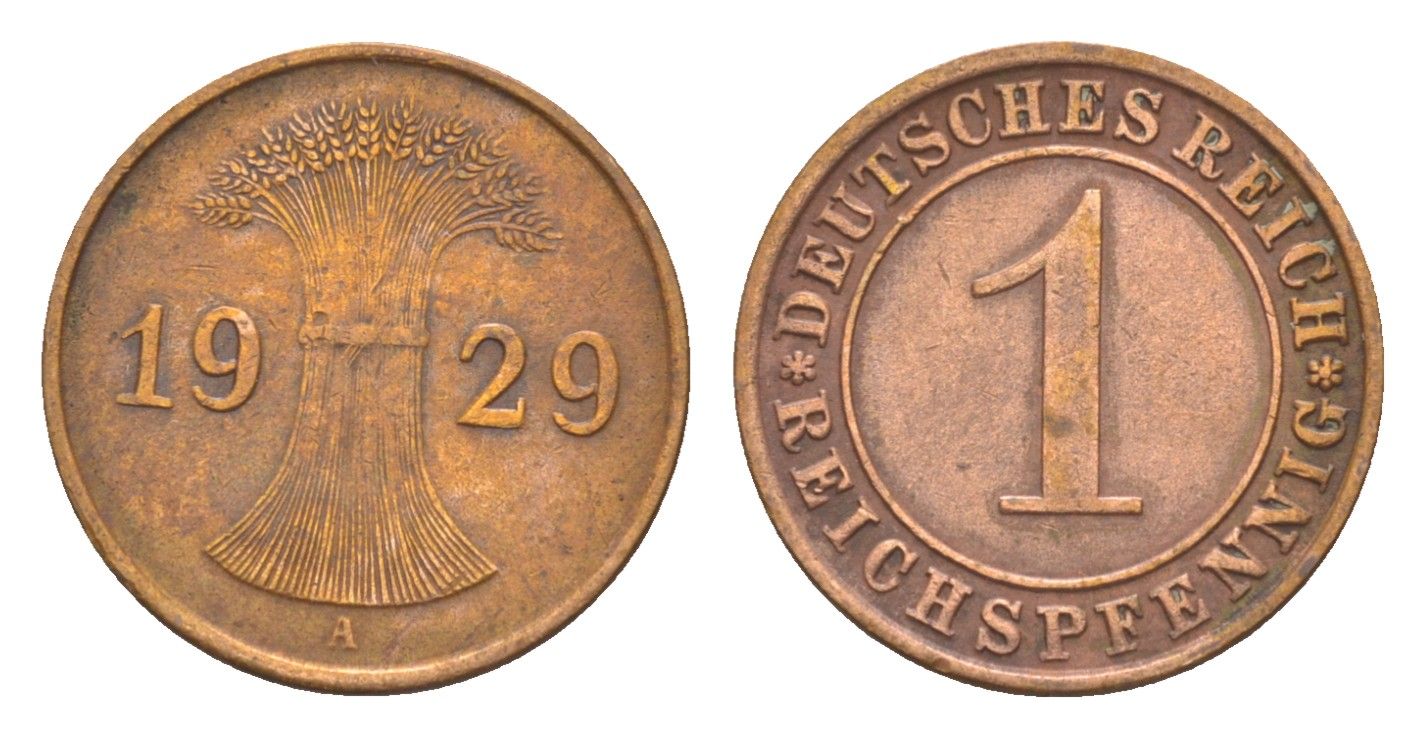 Германия 1 рейхспфенниг 1929 A KM 37, J. 313 бронза 4636-263
