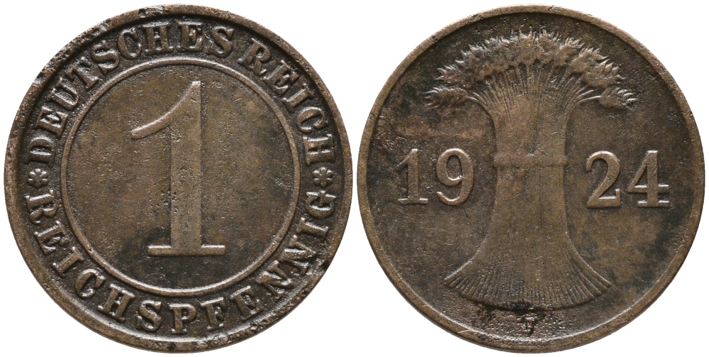 ГЕРМАНИЯ 1 РЕЙХСПФЕННИГ 1924 J KM 37, J.313 бронза 4385-661