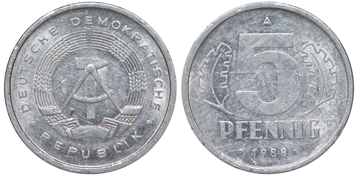 ГДР 5 ПФЕННИГОВ 1988 А алюминий 62-551