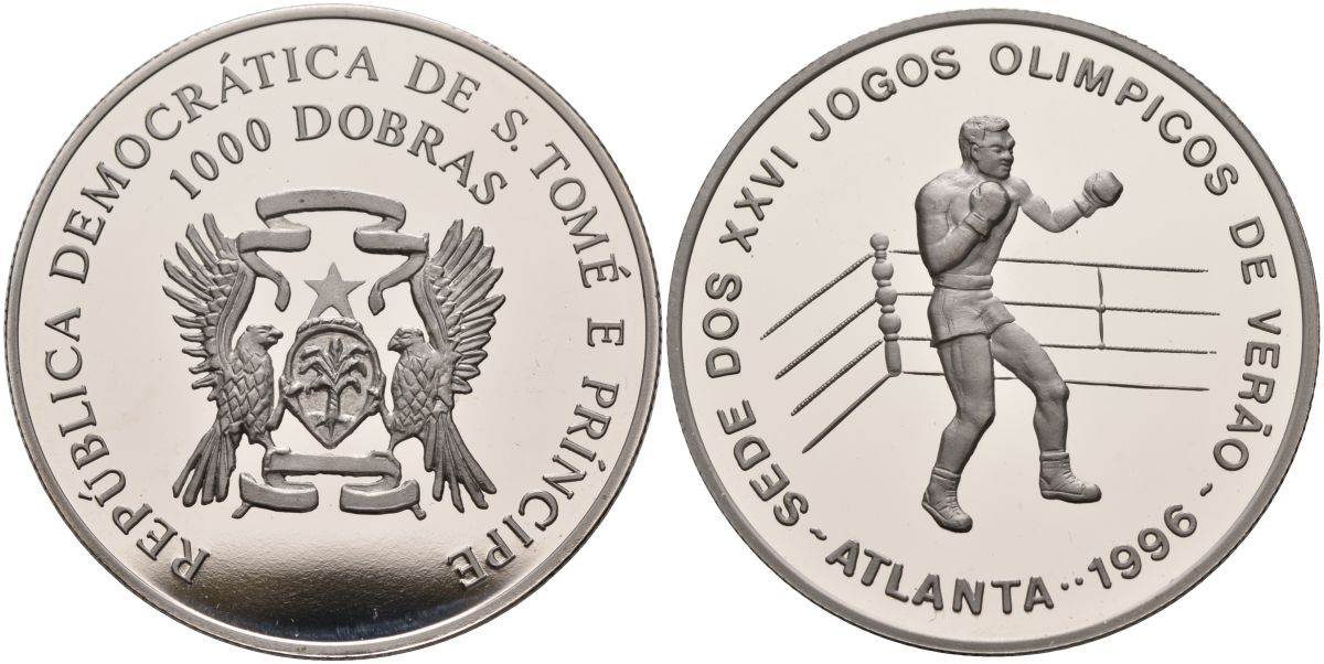 Сан-Томе и Принсипи 1000 добра 1996 XXVI олимпийские игры в Атланте 1996 года, бокс KM 56 медно-никель PROOF 04-137-42