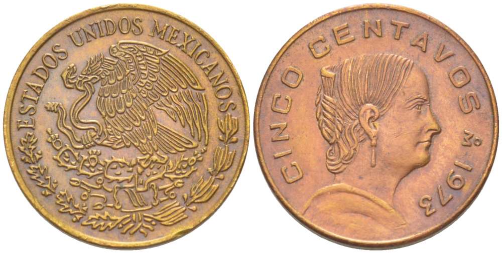 Мексика 5 сентаво 1973 Мо, Жозефа Ортис де Домингес, FLAT TOP 3 KM 427 латунь 4519-642