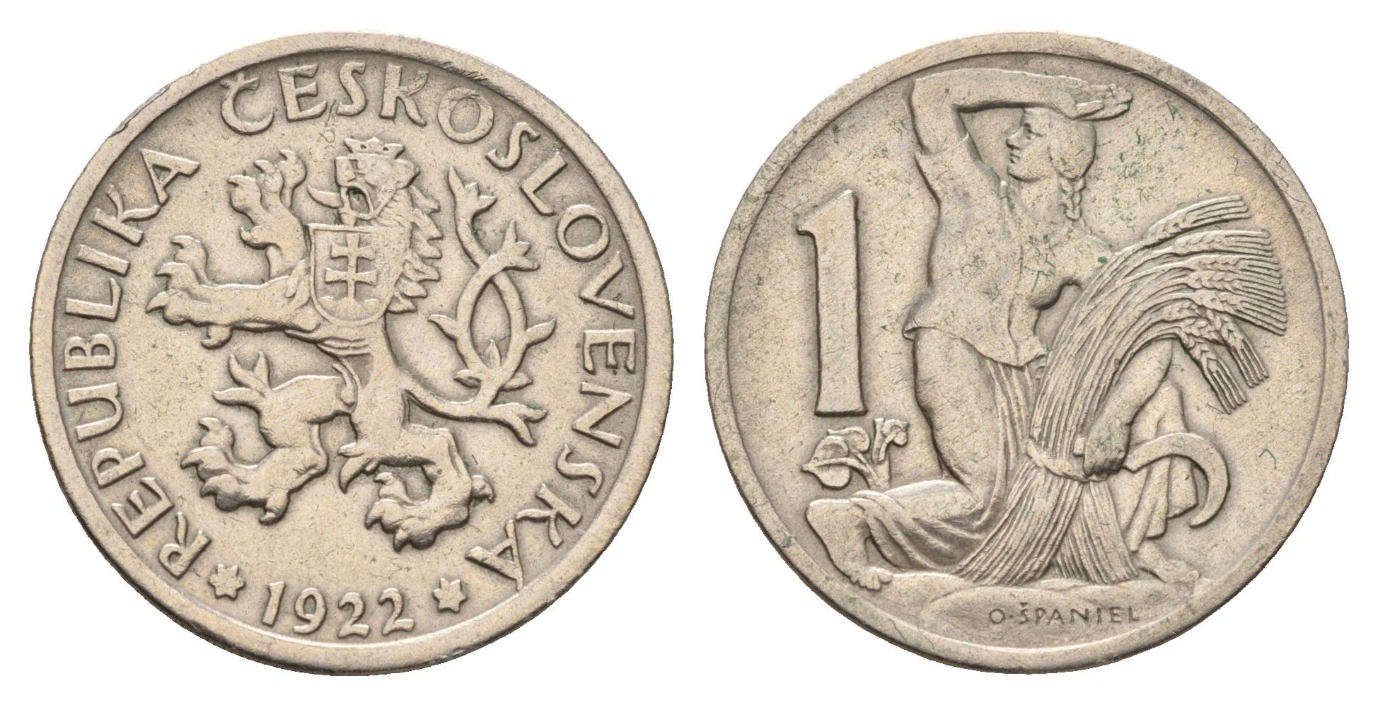 Чехословакия 1 крона 1922 женщина со снопом и серпом KM 4 медно-никель 3459-1256