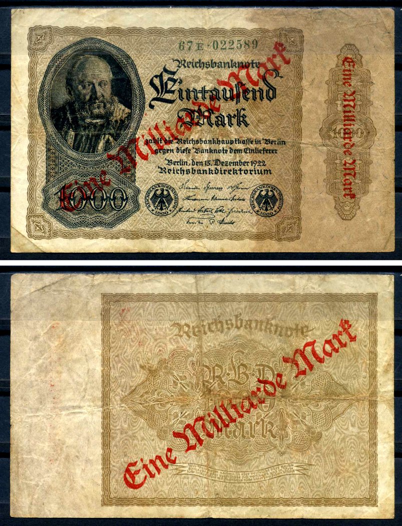 Германия 1000000000 марок 1923 красная диагональная, двухсторонняя надпечатка на 1000 марок 1922, бумага белая, водяной знак 1001 Pick 113 a (2) бумага 8589-52-1-1