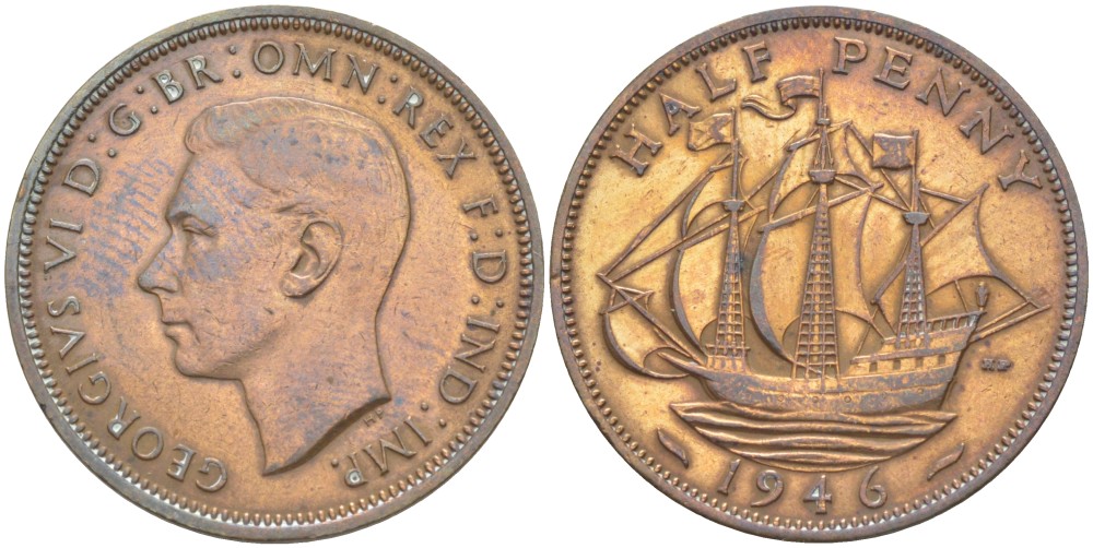 Великобритания 1/2 пенни 1946 Георг VI (1936-1952) KM 844, Spink 4115 бронза 65-441