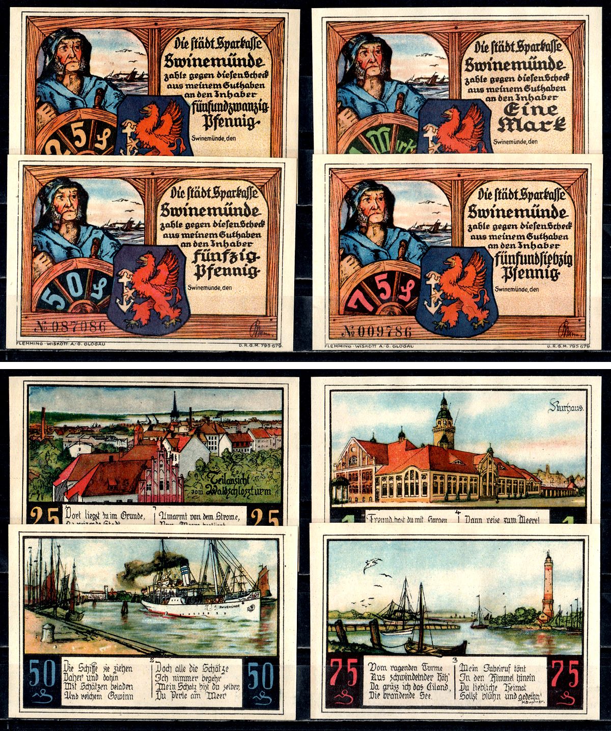 Свинемюнде (Пруссия, Померания) полный набор из 4 нотгельдов (25, 50 и 75 пфеннигов; 1 марка) 1921 Mehl Grabowski 1306.1 бумага UNC (пресс) 7556-56-1-2