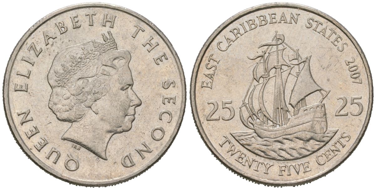 Восточные Карибы 25 центов 2007 KM 38 медно-никель aUNC 4620-145