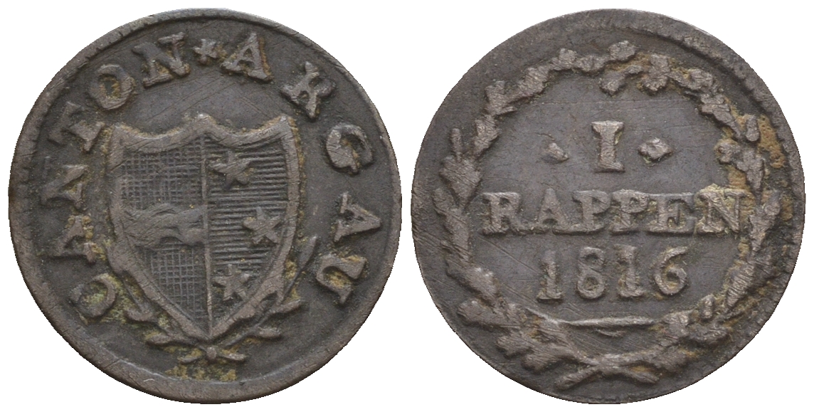 Швейцария, Аргау 1 раппен 1816 KM 15 серебро 54-1034