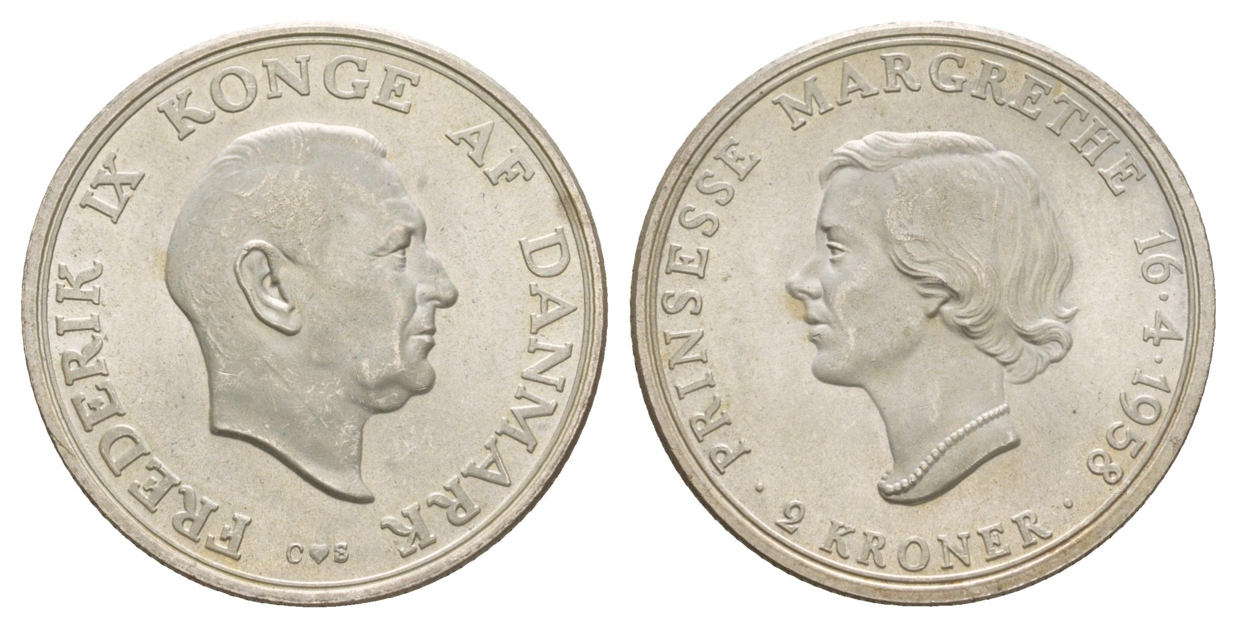 Дания 2 кроны 1958 18 лет Принцессе Маргрете KM 845 серебро BU 413-3123