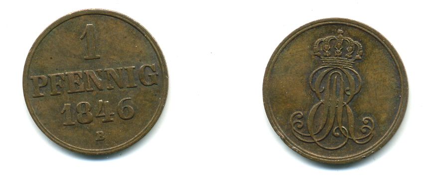 Ганновер 1 пфенниг 1846 A, Эрнст Август (1837-1851) KM 201.2, AKS 130, J. 74 медь 35-959