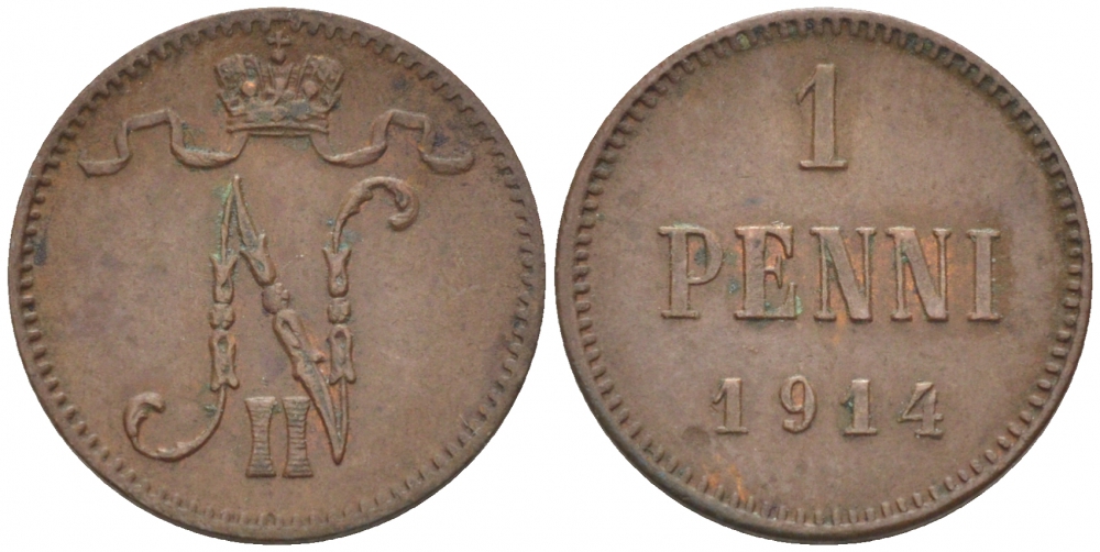 Россия для Финляндии 1 пенни 1914 Николай II (1894-1917) KM 13, Биткин 474 медь 4396-1412