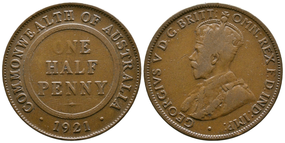 АВСТРАЛИЯ 1/2 ПЕННИ 1921 ГЕОРГ V KM 22 бронза 4384-157