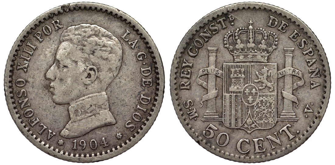 Испания 50 сентимо 1904 Альфонсо XIII (1886-1931), год-тип KM 723 серебро     4567-122