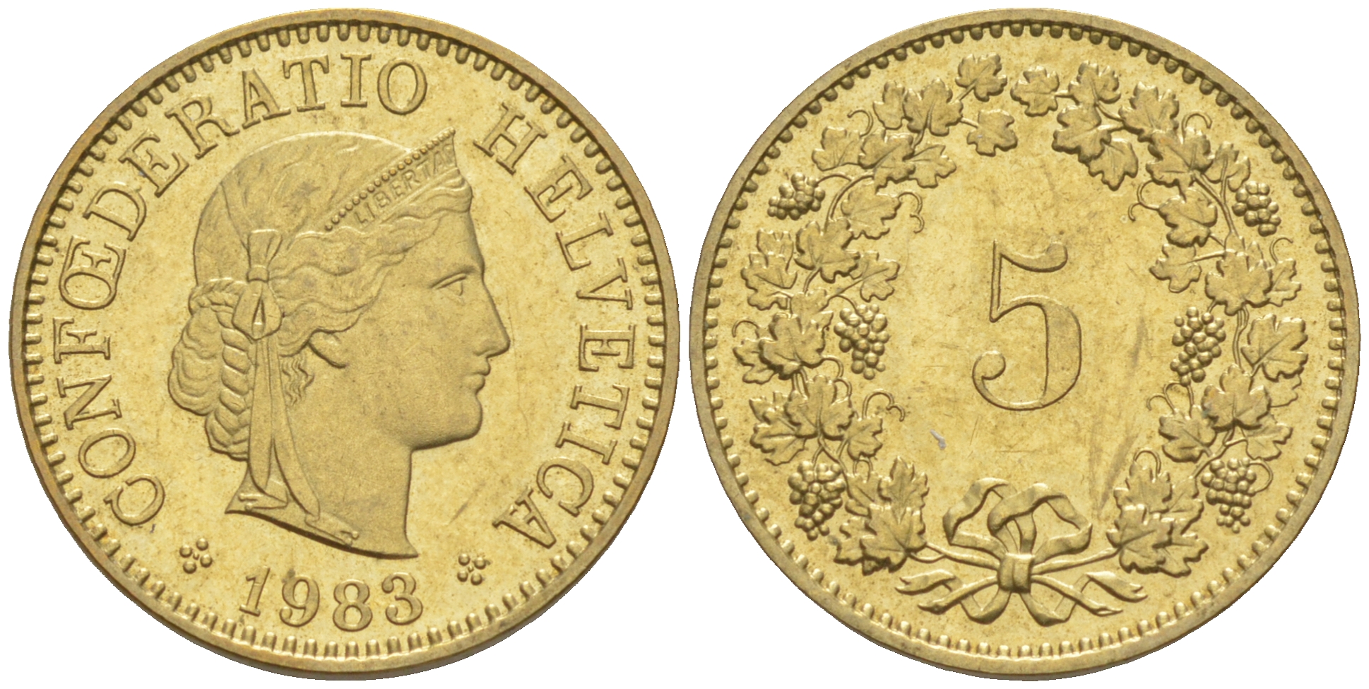 Швейцария 5 раппенов 1983 KM 26c алюминиевая бронза 188-365