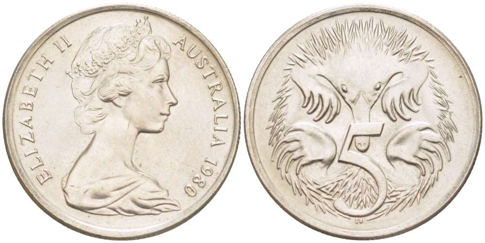 АВСТРАЛИЯ 5 ЦЕНТОВ 1980 ЕЛИЗАВЕТА II (1952-) МОЛОДОЙ ПОРТРЕТ, ЕХИДНА KM 64 медно-никель 4516-662
