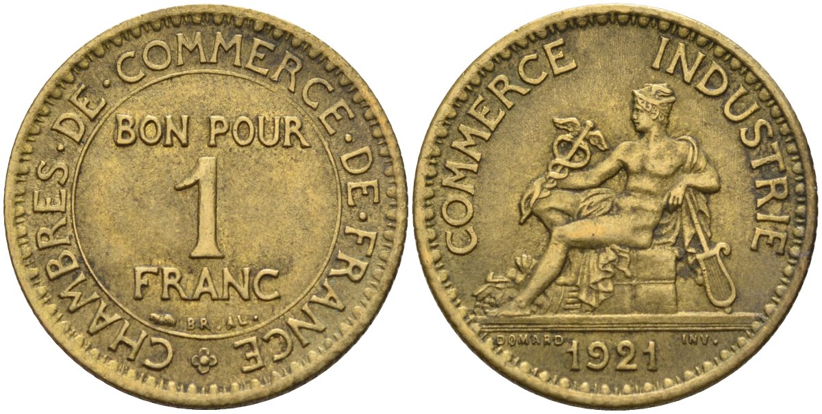 Франция 1 франк 1921 KM 876, Le Franc 218.5 алюминиевая бронза 4142-615