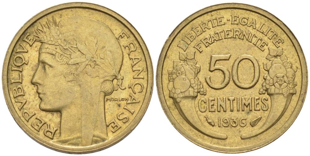 ФРАНЦИЯ 50 САНТИМОВ 1936 ТИП MORLON KM 894.1, LE FRANC 192.12 алюминиевая бронза 44-736