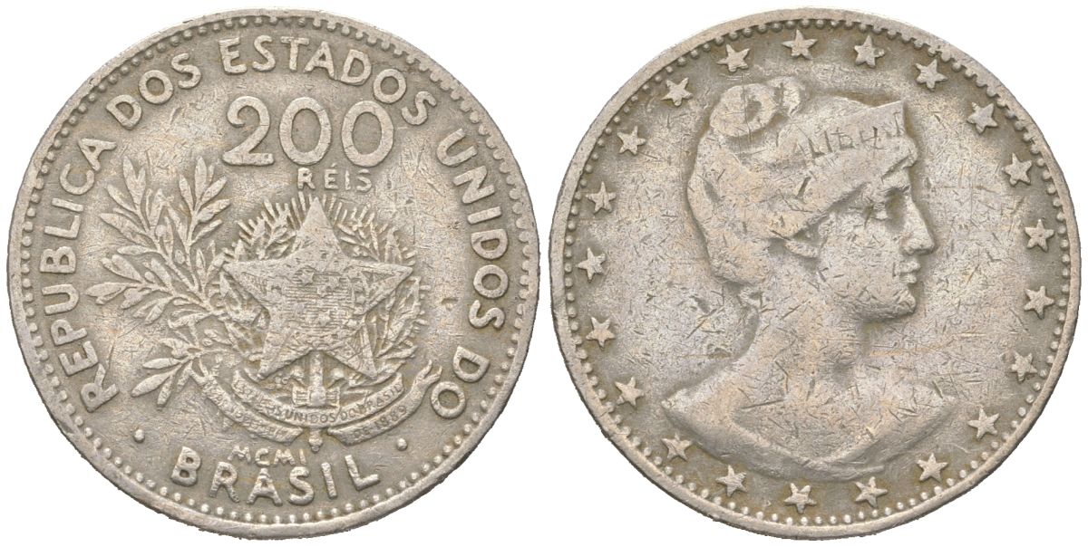 Бразилия 200 реалов 1901 MCMI, голова свободы вправо KM 504 медно-никель 4612-331