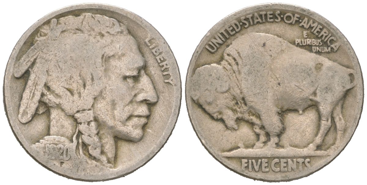 США 5 центов 1920 индеец, бизон KM 134 медно-никель 4614-1038