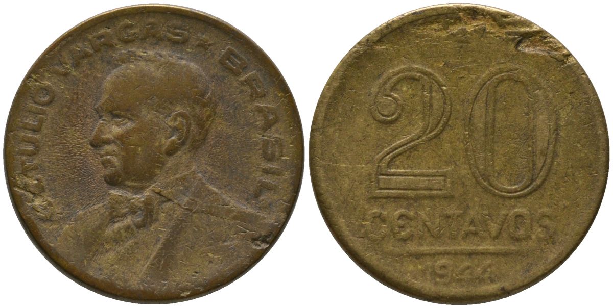 Бразилия 20 сентаво 1944 Жетулиу Варгас KM 556a алюминиевая бронза 4567-831