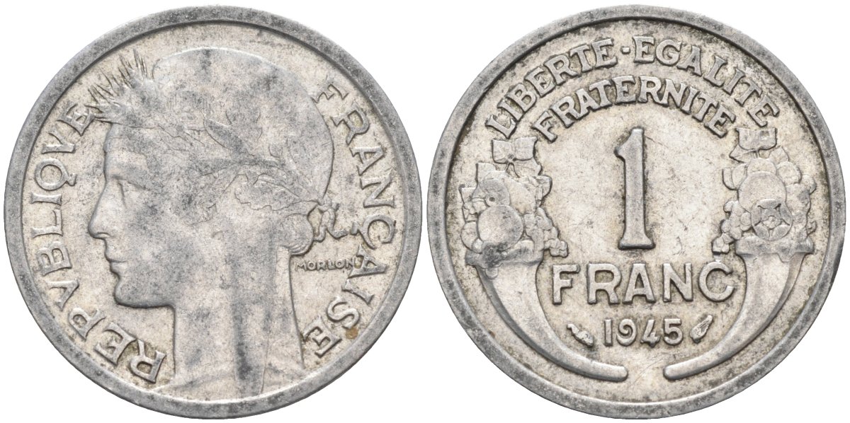 Франция 1 франк 1945 тип Lourde KM 885а, Le Franc 221.6 алюминий 4126-854