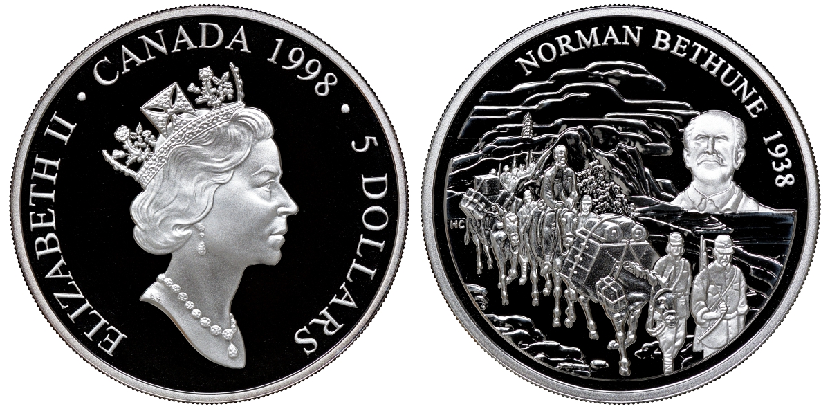 Китай и Канада, набор из 2 монет: 10 юаней 1998 и 5 долларов 1998, 60 лет прибытию канадского хирурга Нормана Бетьюна в Китай, в оригинальной коробке с сертификатом, встречаются только в PROOF наборах KM 1157, 316 серебро PROOF 4-3-2-03