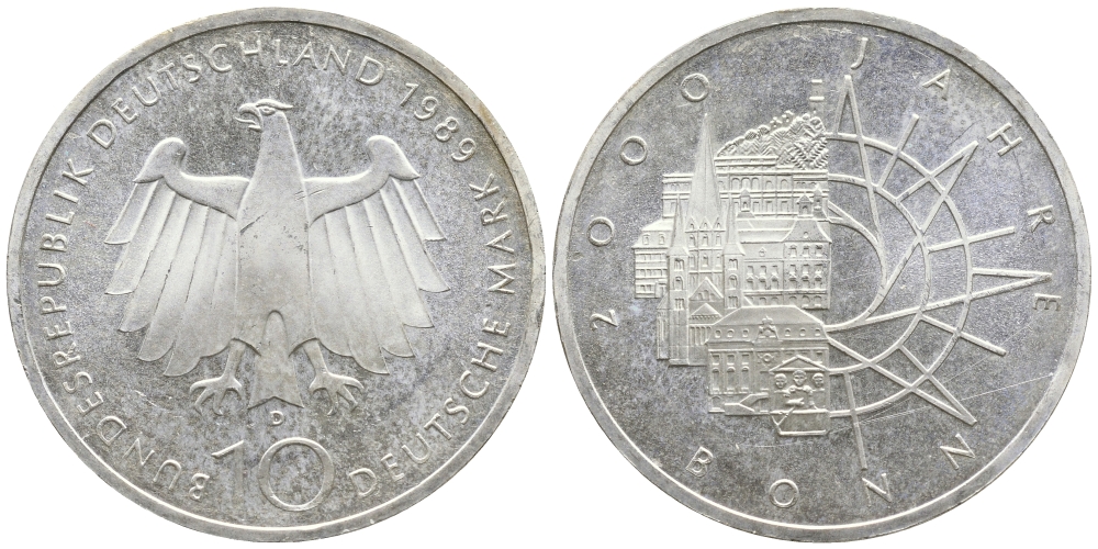 ФРГ 10 марок 1989 D, 2000 лет городу Бонну J. 447, KM 172 серебро UNC 443-422