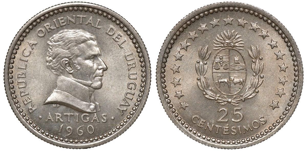Уругвай 25 сентесимо 1960 KM 40 медно-никель 4169-1042