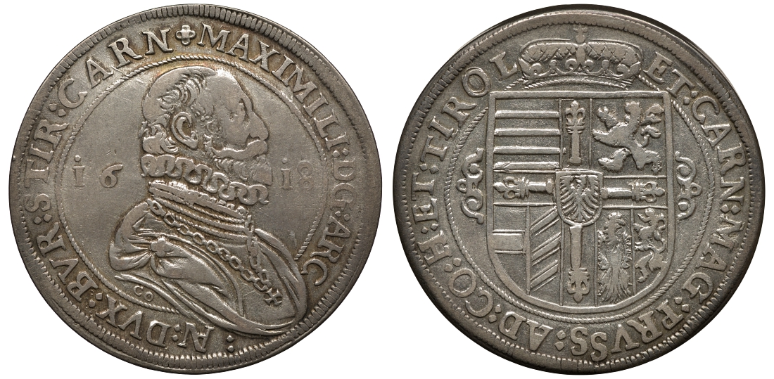 Австрия, Священная Римская империя 1 талер 1618 эрцгерцог Максимилиан Dav. 3324 серебро 00-817-26